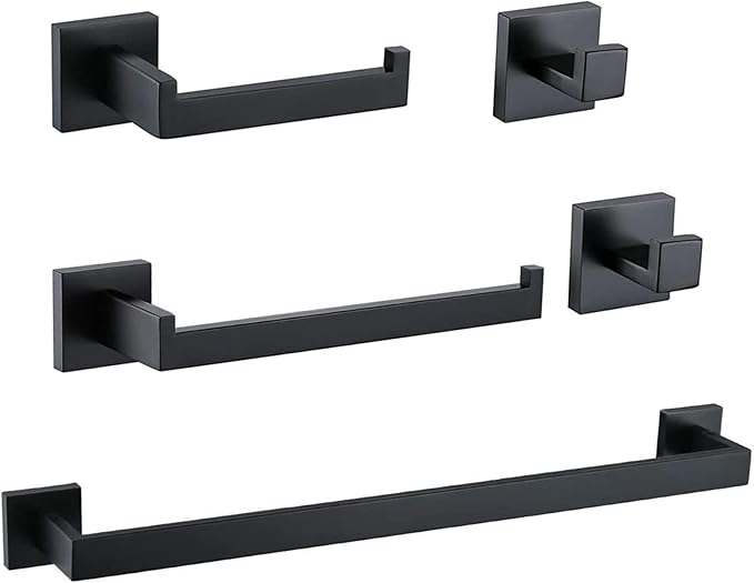 Ralbay Bath Towel Bar, Premium Stainless Steel 5 Pieces Bathroom Hardware Accessories Set Wall Mounted Towel Bar Set, Matte Black