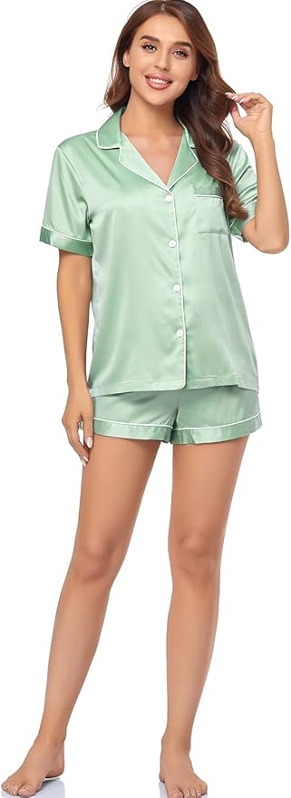 Women's Satin Pajama Set 2-Piece Sleepwear Loungewear Button Down Short Sleeve Silky PJ Set