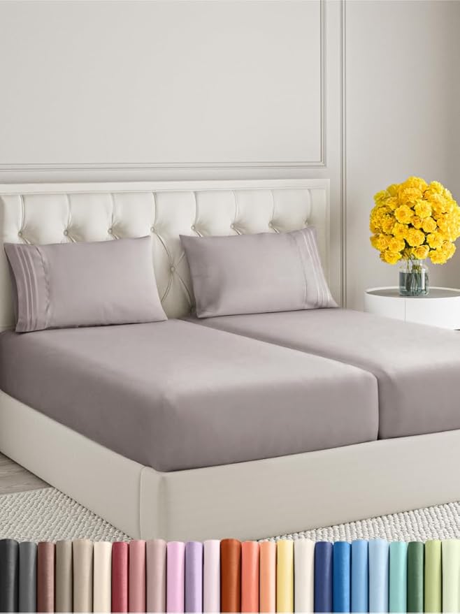 Split King Size 5 Piece Sheet Set - Extra Soft, Breathable, And Cooling Sheets - Hotel Luxury Bed Sheets for Women And Men - Deep Pockets, Easy-Fit & Wrinkle-Free - Thistle Purple Oeko-Tex Bed Sheets