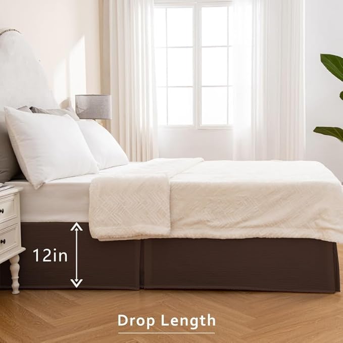 MIYE Pleated Waffle Weave Bed Skirt, Tailored Dust Ruffle 12 Inch Drop Easy Fit, Machine Washable (Brown, King - 12" Drop)