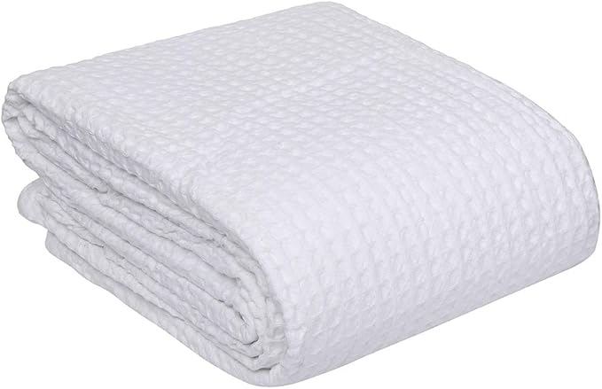 HILLFAIR 100% Combed Cotton Blanket– Queen Size Bed Blanket– Warm Soft All Season Breathable Lightweight Summer Blankets– Waffle Weave Home Decor Bed Blanket- White Queen Bed Cotton Blankets/Bedcover