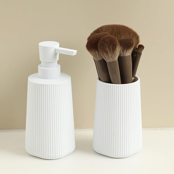 Bathroom Accessories 2 Piece Soap Dispenser and Toothbrush Holder Set Striped White