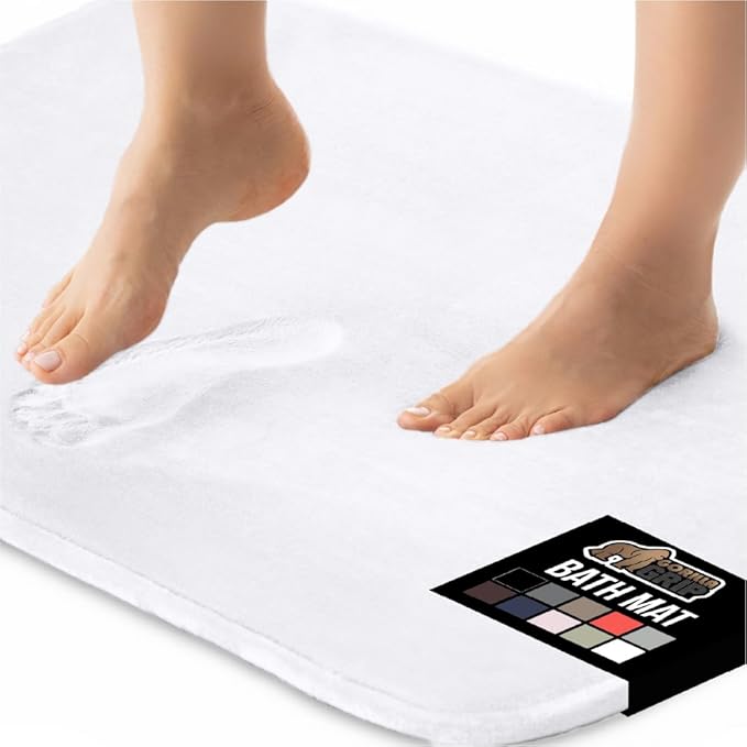 GORILLA GRIP Thick Memory Foam Bath Rugs, Soft Absorbent Velvet Bathroom Mats, Durable Dots on Underside, Machine Washable Bathmat, Carpet Rug Room Decor for Shower Floor, 24x17 Mat, White