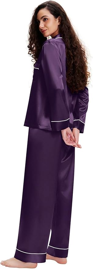 Lonxu Silk Satin Womens Pajama Sets Button Down Sleepwear Loungewear XS~3XL