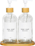 Luxury Glass Soap Dispenser Set - 2 Refillable 16.9oz Bottles, Bamboo Pump & Tray for Farmhouse & Modern Decor, 9 Waterproof Labels for Kitchen/Bathroom (Clear Bottle+White Bamboo Pumps+Tray)