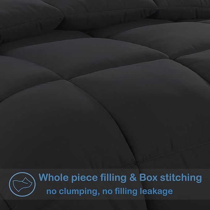 EASELAND Full Size Down Alternative Comforter - Quilted Duvet Insert for All Seasons, Soft Lightweight with Corner Tabs, Summer Winter Warm Bedding, Black 82×86 Inches
