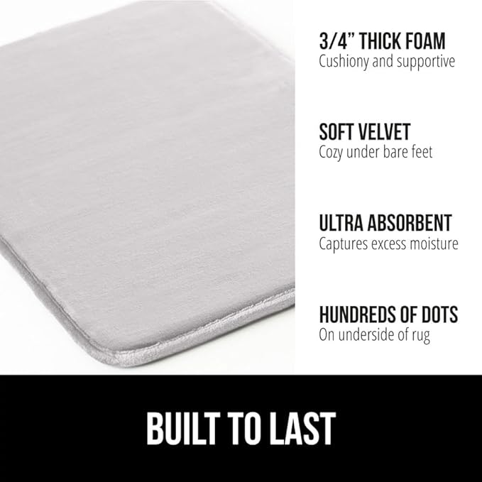 GORILLA GRIP Memory Foam Bath Rugs, Soft Absorbent Velvet Bathroom Mats, Durable Dots on Underside, Machine Washable Bathmat, Carpet Rug Room Decor for Shower Floor, 48x24 Mat, Light Gray
