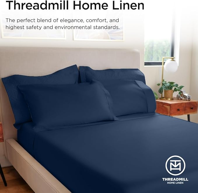 Threadmill 100% Cotton Sheets for Cal King Size Bed - 600 Thread Count Cal King Bed Sheets Set with 16” Deep Pocket - Sateen Weave 4-Piece Bedding Set with Cooling Effect, Folkstone Blue
