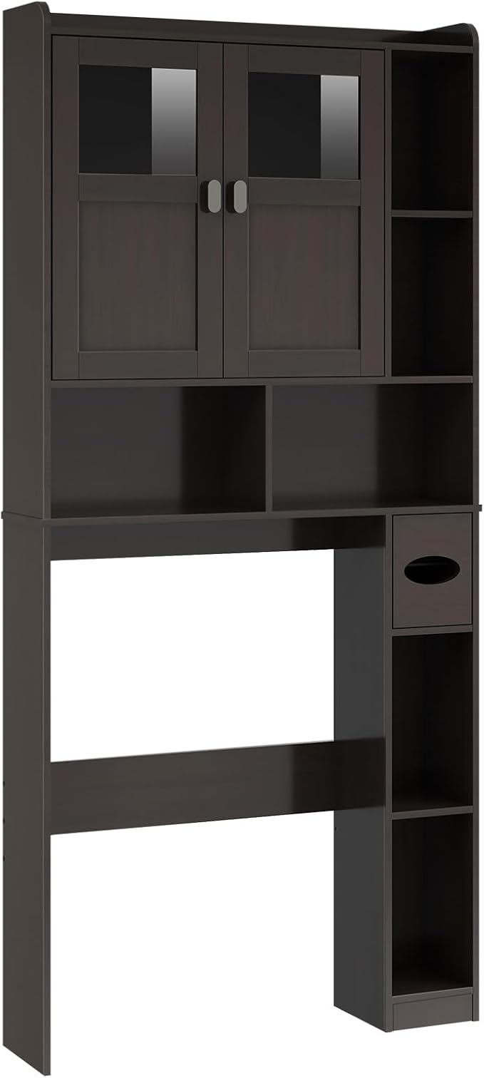 Vabches Over The Toilet Storage Cabinet, Bathroom Shelf Over Toilet with Glass Doors and Adjustable Shelves, Espresso Freestanding Home Space Save Toilet Rack for Restroom, Bathroom, Laundry