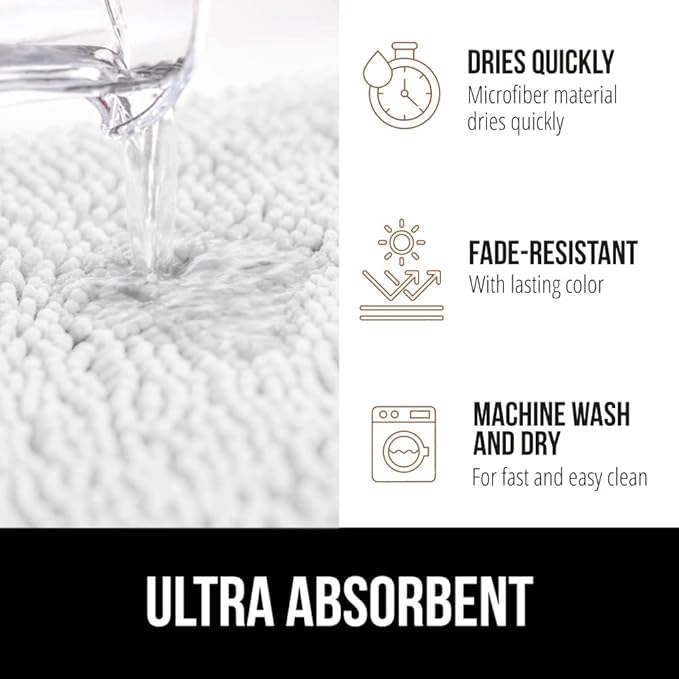 GORILLA GRIP Bath Rug Mat 48x24, Thick Soft Absorbent Chenille, Quick Dry Microfiber Mats, Rubber Backing Washable Shower Floor Rugs, Bathmat Runner, US Designed Bathroom Home Decor Accessories White