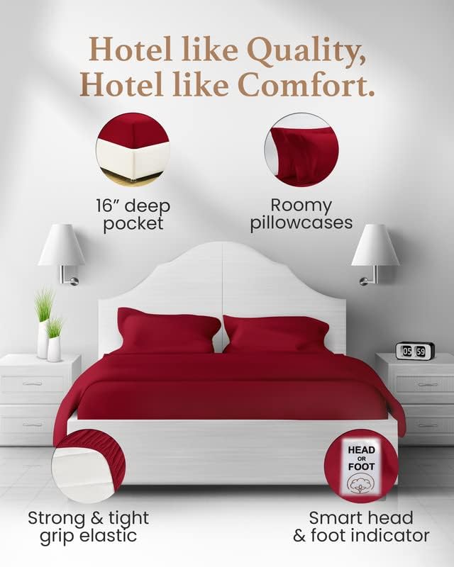 Good Sleep Bedding Split King Sheets Sets for Adjustable Bed Cotton, Egyptian Cotton Sheets, 5 Piece Cotton Split King Sheet Set, Sateen Sheets, 2 Fitted - 16" Deep Pocket, Burgundy