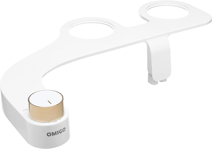 Omigo Element Bidet Attachment Non-Electric Thin Modern Design, Dedicated Rear and Front Self-Cleaning Nozzles with Pressure Control Dial (Ambient Temp, Gold)