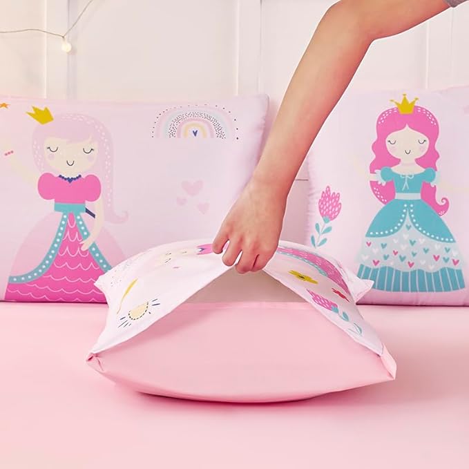 ANGIYUIN Pink Princess Queen Bedding Set Cartoon Rainbow Kids Bed Set Cute Fairy Tales Castle Bedding Set for Girls(1 Comforter, 1 Flat Sheet, 1 Fitted Sheet, 2 Pillowcases,1 Square Pillowcases)