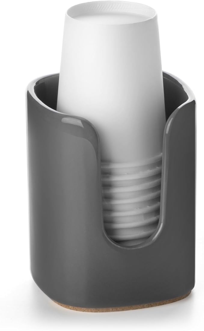 5 oz Square Ceramic Bathroom Cup Dispenser for Kids and Pregnancy - Disposable Paper Cup Holder for Mouthwash Cups on Bathroom Vanity Countertop (1 Pack, Grey)