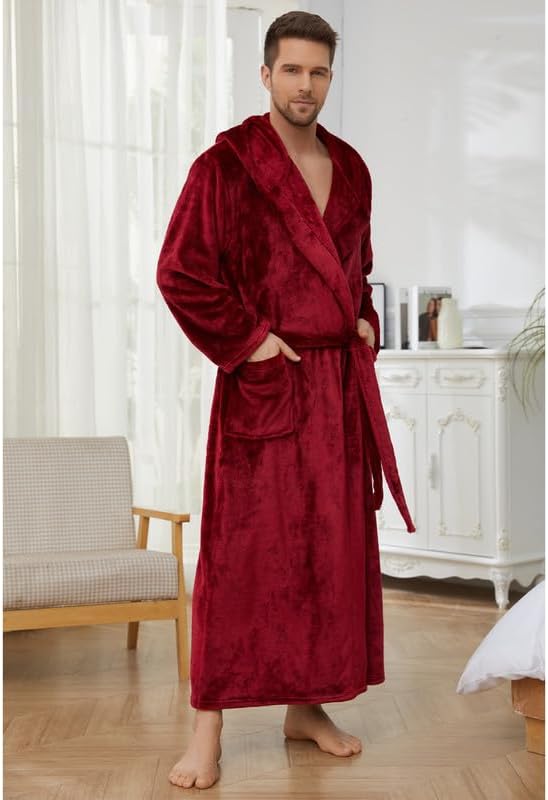 U2SKIIN Mens Robe with Hooded, Full Length Thickened Plush Robe Big and Tall Bathrobe