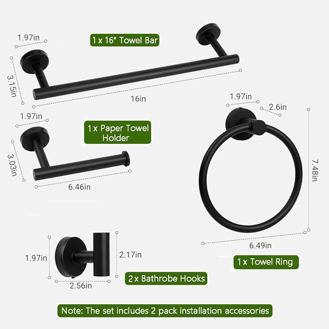 Matte Black Bathroom Towel Bar Set, 5-Piece Stainless Steel Hardware Bathroom Accessories, 16" Towel Racks for Bathroom Walls