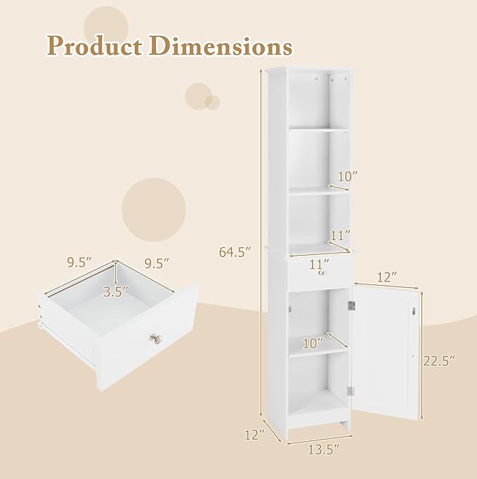 Giantex 64.5” Tall Bathroom Cabinet, Narrow Floor Storage Cabinet with Adjustable Shelves, 1 Door & 1 Drawer, Anti-Toppling Design, Modern Storage Organizer for Bathroom, Living Room, Hallway
