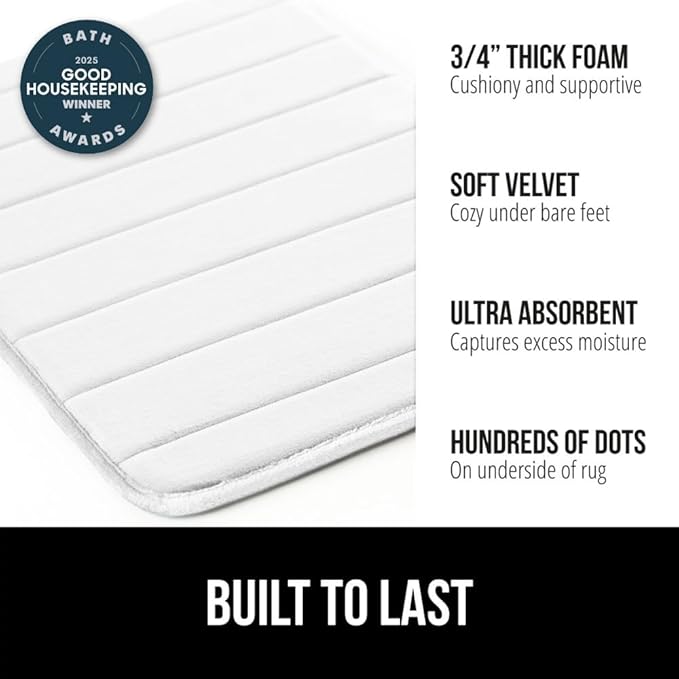 GORILLA GRIP Memory Foam Bath Mat, Soft Absorbent US Designed Bathroom Rug, Gripping Dots Machine Washable Bathmat, Cushioned Floor Mats, Shower Sink Rugs Room Décor Accessories, 30x20 White