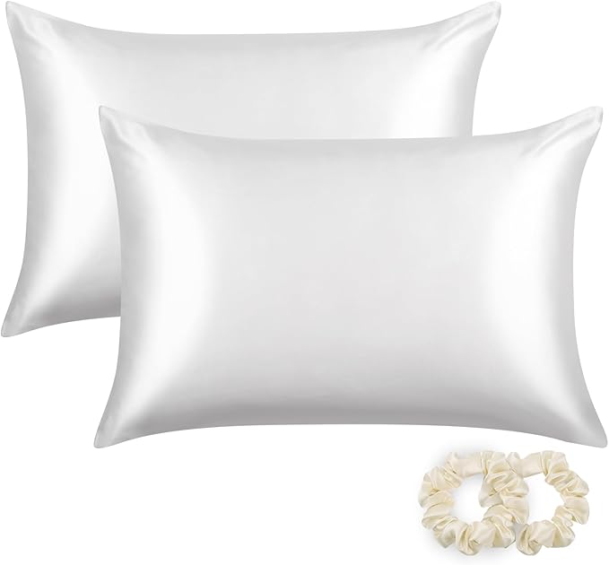 ALASKA BEAR Silk Pillowcases 2 Pack 22 Momme Mulberry Silk Pillow Cases, Queen Size(Set of Two, Cool White)