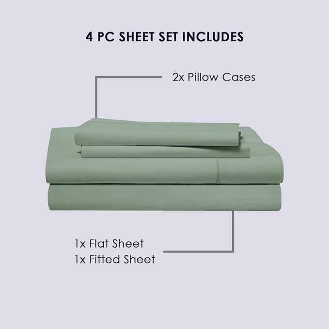 Pizuna Pure 100% Cotton Bed Sheets Set King Size Sea Foam, 800 Thread Count 100% Long Staple Cotton Sateen King Sheet Set with 15" Deep 2 Extra Pillowcases (Combed Cotton Bed Sheet Set)