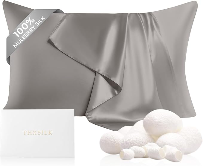 THXSILK 100% Mulberry Silk Pillowcase for Hair and Skin, 22 Momme Natural Silk Pillow Cover with Hidden Zipper, Soft Breathable Smooth Organic Silk Pillowcase(Grey, Queen Size 20"x30")