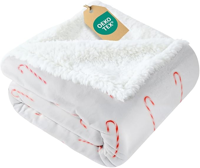 Christmas Sherpa Blanket Throw Size - Reversible Sherpa Fleece Blanket - Super Soft Double Sided Throw for Bed, Sofa, Couch - Thick, Warm, Soft & Plush - Cozy Xmas Winter Bedding - Candy Cane, 50x60
