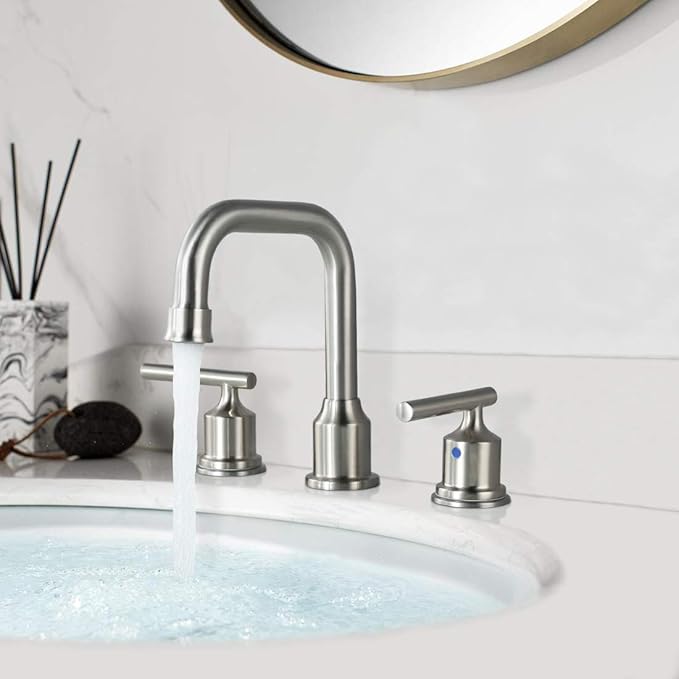 WOWOW 2 Handles 8 inch Widespread High Arc Bathroom Faucet Brushed Nickel Lavatory Faucet 3 Hole 360°Swivel Spout Modern Sink Basin Faucets