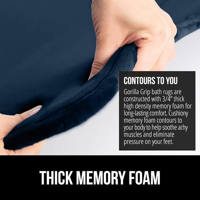 GORILLA GRIP Memory Foam Bath Rugs, Soft Absorbent Velvet Bathroom Mats, Durable Dots on Underside, Machine Washable Bathmat, Carpet Rug Room Decor for Shower Floor, 48x24 Mat, Navy Blue