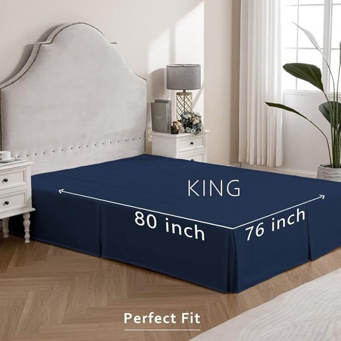 MIYE Pleated Waffle Weave Bed Skirt, Tailored Dust Ruffle 14 Inch Drop Easy Fit, Machine Washable (Navy Blue, King - 14" Drop)