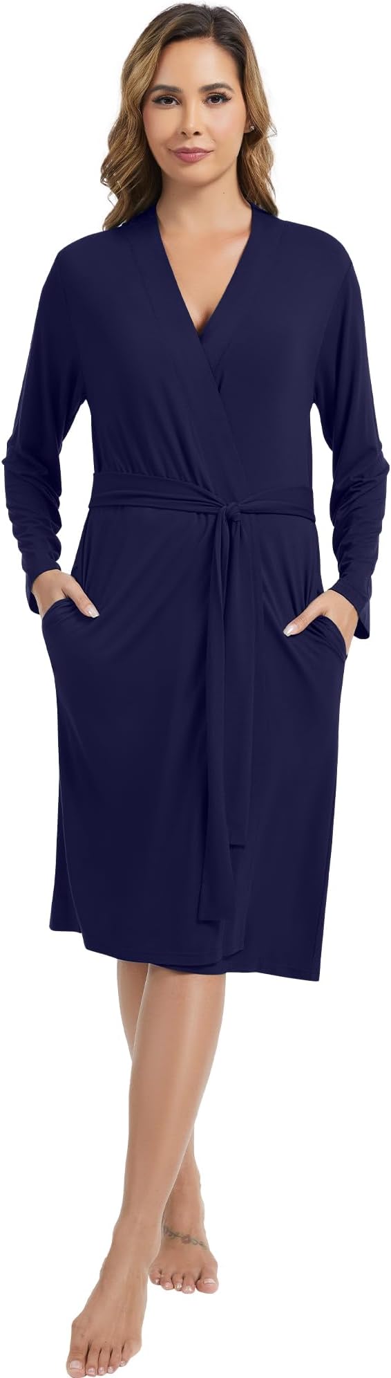 WiWi Women's Robe Long Sleeve Bathrobe with Pockets Soft Kimono Spa Lightweight Robes Bamboo Viscose Loungewear S-XXL