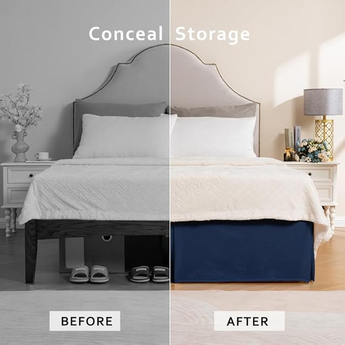 MIYE Pleated Waffle Weave Bed Skirt, Tailored Dust Ruffle 18 Inch Drop Easy Fit, Machine Washable (Navy Blue, Queen - 18" Drop)