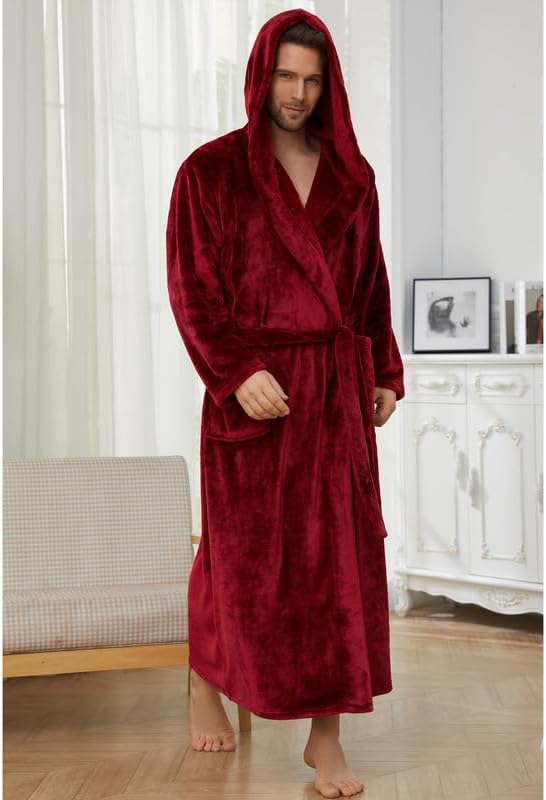 U2SKIIN Mens Robe with Hooded, Full Length Thickened Plush Robe Big and Tall Bathrobe