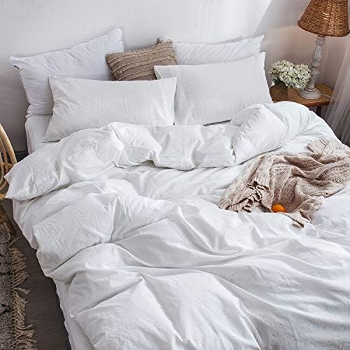 MooMee Bedding Duvet Cover Set 100% Washed Cotton Linen Like Textured Breathable Durable Soft Comfy (Solid Off White, King 104"x90")