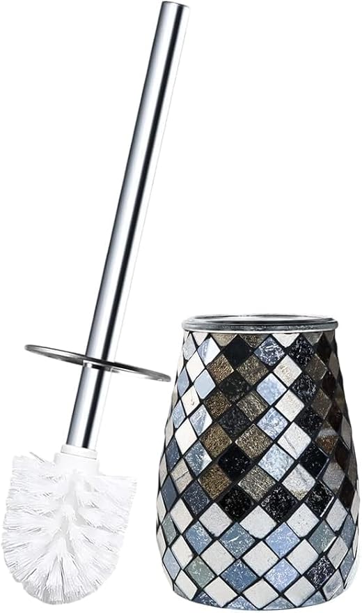 Escenzy Modern Toilet Brush and Holder Set Mosaic Glass | Non-Rustic Stainless Steel | Practical & Decorative Toilet Bowl Brush and Holder | Luxury Black and Gold Bathroom Accessories