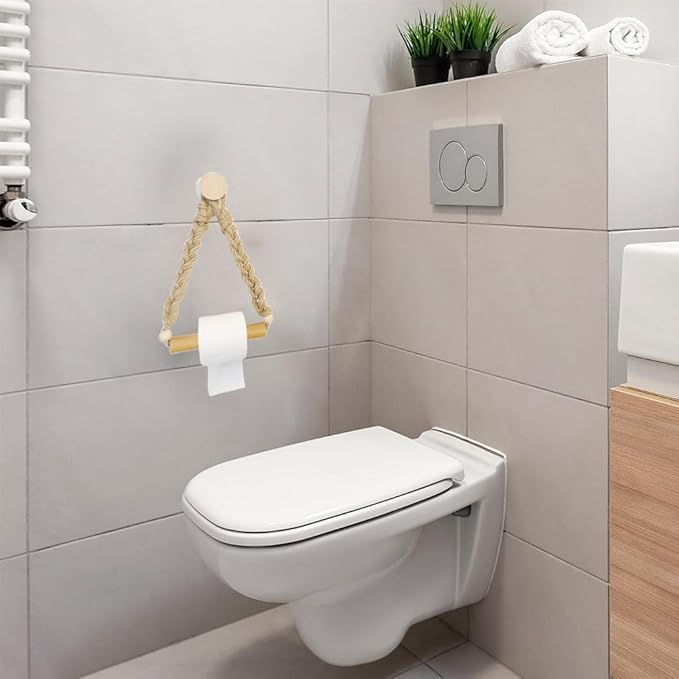 Rattan Toilet Paper Holder, Boho Rope Wood Hanging Tissue Rolls Paper Holder Wall Mounted, Rustic and Natural Unique Bathroom Accessories with Self-Adhesive Seamless Screw