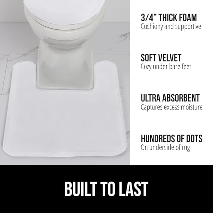 GORILLA GRIP Thick Memory Foam Toilet Rug for Bathroom, Square Shaped Washable, Soft Absorbent Velvet Topside Floor Mats, Machine Wash, Cushioned Luxury Rugs for Bath Room, 22.5x19.5, White