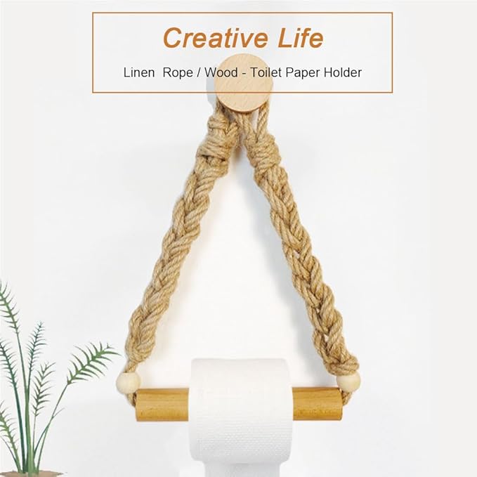 Rattan Toilet Paper Holder, Boho Rope Wood Hanging Tissue Rolls Paper Holder Wall Mounted, Rustic and Natural Unique Bathroom Accessories with Self-Adhesive Seamless Screw