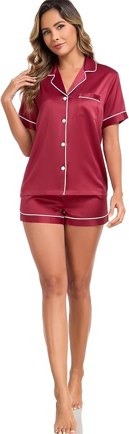Women's Satin Pajama Set 2-Piece Sleepwear Loungewear Button Down Short Sleeve Silky PJ Set