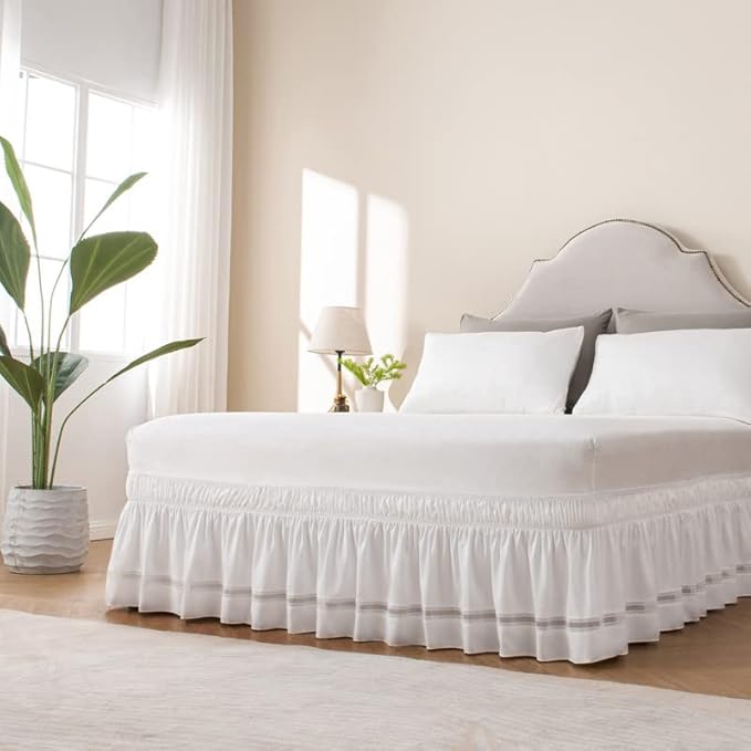 MIYE Wrap Around Ruffled Lace Bed Skirt, Elastic Dust Ruffle with Adjustable Belts, Easy to Put On, Bed Frame Cover, Machine Washable (Ruffled Lace/White, King/Queen-22 Drop)