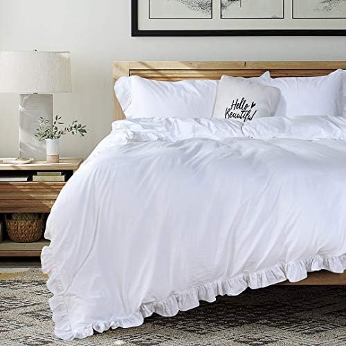 QSH Washed Cotton Ruffled King Duvet Cover Set,Vintage White Shabby Boho Chic Ruffle Farmhouse Bedding Comforter Quilt Cover 3 Pieces Aesthetic French Country Cottage King Bedding