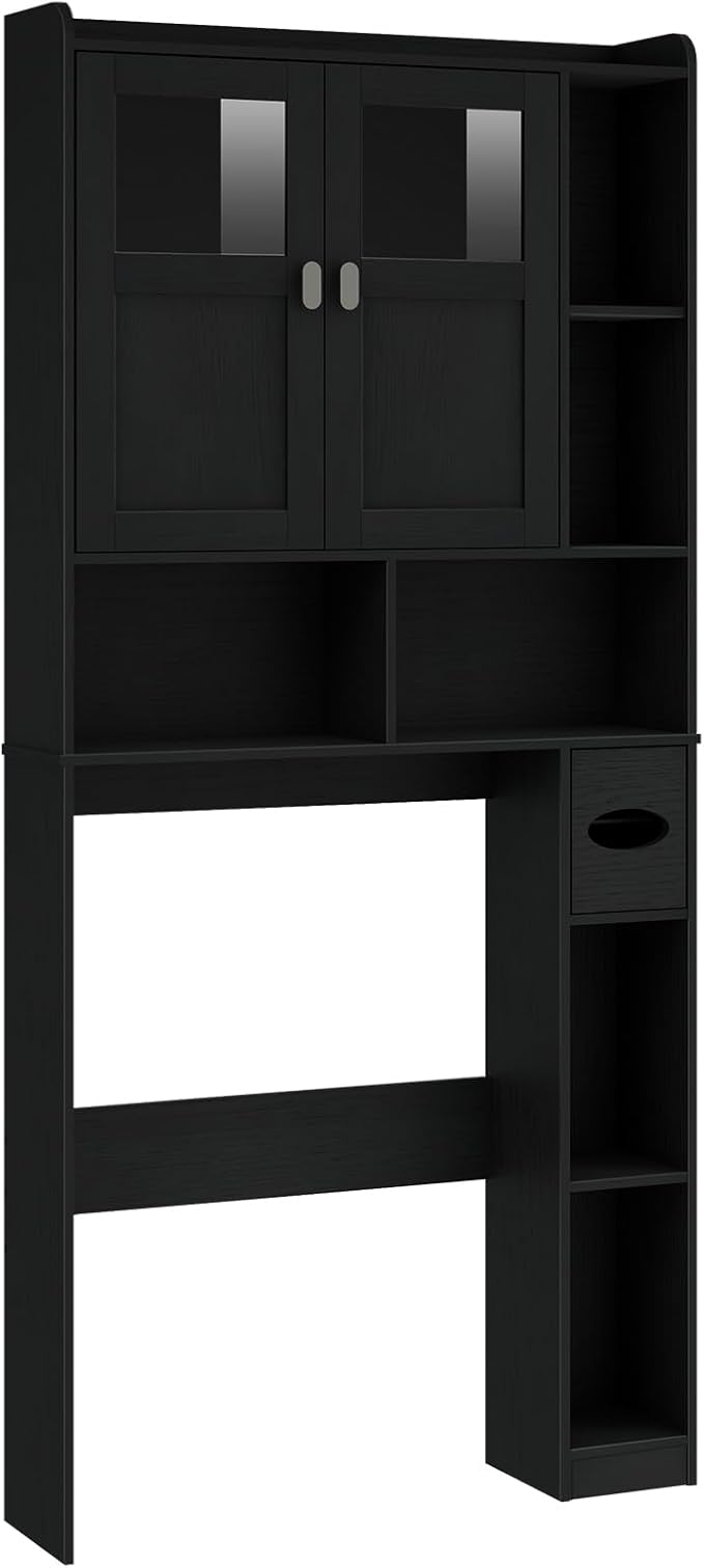 Vabches Over The Toilet Storage Cabinet, Bathroom Shelf Over Toilet with Glass Doors and Adjustable Shelves, Black Freestanding Home Space Save Toilet Rack, for Restroom, Bathroom, Laundry
