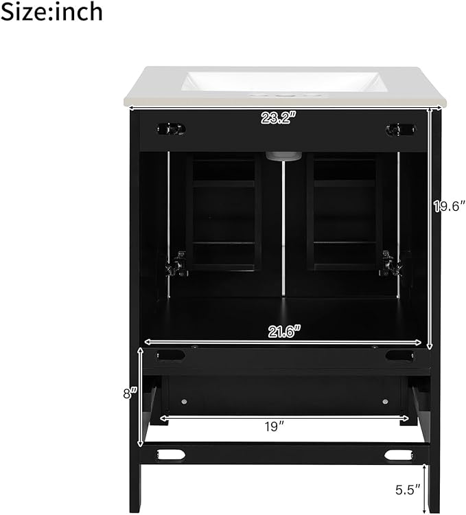 24" Bathroom Vanity with Sink Combo Set, Solid Wood Frame Bathroom Storage Cabinet with 2 Drawers and 1 Drawer, Double-layer Door Shelf, Soft Closing Cabinet Door with Organizer, Black