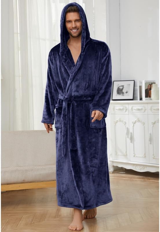 U2SKIIN Mens Robe with Hooded, Full Length Thickened Plush Robe Big and Tall Bathrobe
