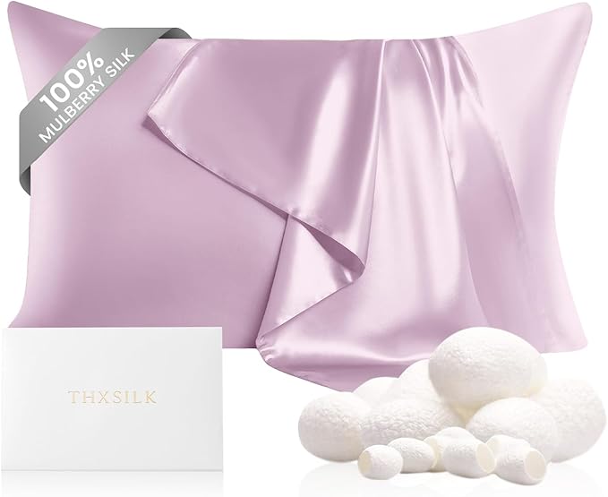 THXSILK 100% Mulberry Silk Pillowcase for Hair and Skin Health, 22 Momme Soft and Smooth Pillowcase with Hidden Zipper, Both Sides Premium Grade 6A+ Silk, 1pc (Standard 20"x26", Light Purple)