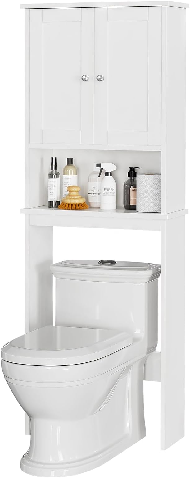 Meilocar Over The Toilet Storage Cabinet, Bathroom Storage Organizer Over Toilet, Space Saver W/Adjustable Shelf & Open Shelf, White