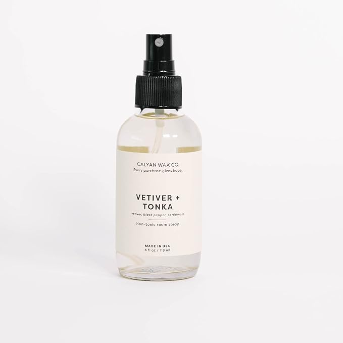 Calyan Wax Co. Vetiver & Tonka Room Spray - Non Toxic Air Freshener - Natural Room Deodorizer with Essential Oils - Air Freshener Spray for Home - 4 fl oz