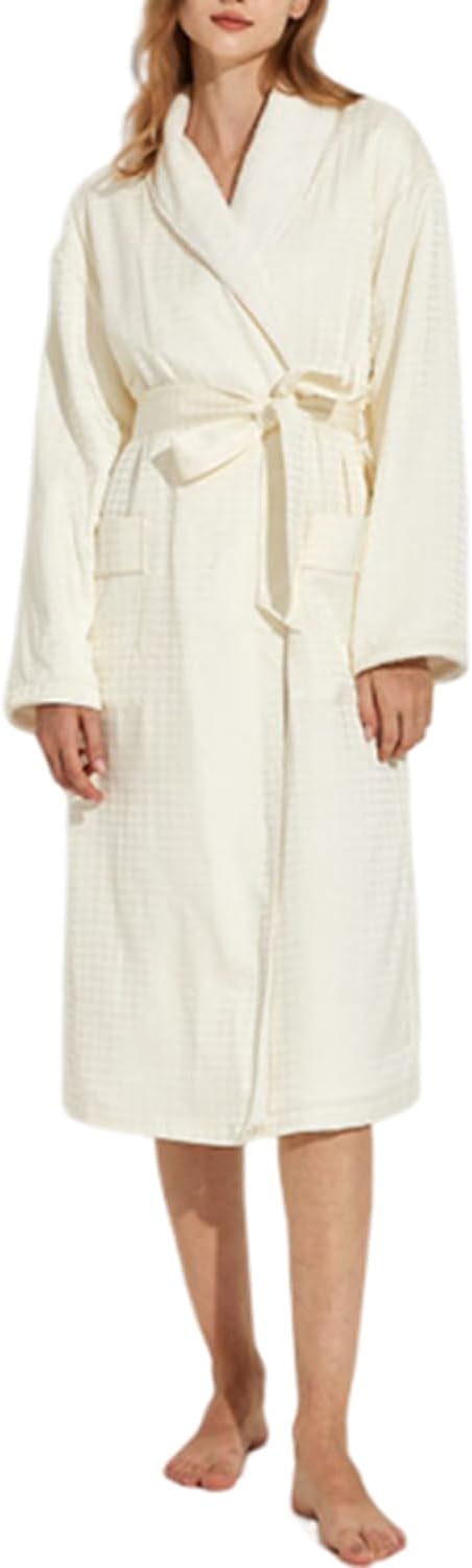 Women's Long Sleeve Fleece Robe with Pockets Jacquard Fluffy Plush Bathrobe