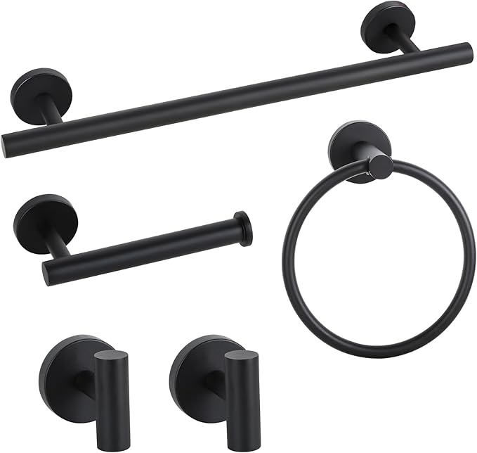 Matte Black Bathroom Hardware Set, Bathroom Towel Holder Bar Set 5 Pieces, SUS304 Stainless Steel Bathroom Towel Rack Set Wall Mounted-16 Inch Towel Bar, Toilet Paper Holder, Towel Hooks, Towel Ring