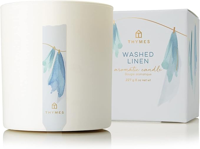 Thymes Washed Linen Candle - 8 oz Scented Candle for a Fresh Home Fragrance - Matte White Jar