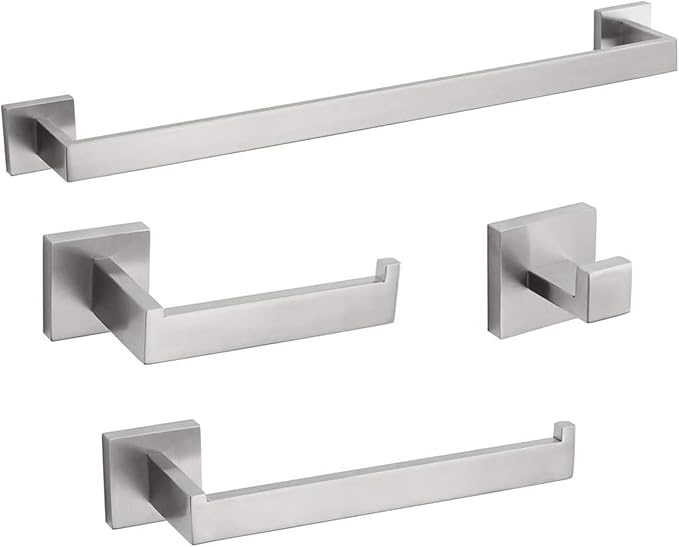 4-Piece Bathroom Hardware Set, Towel Rack Towel Bar Towel Holder Toilet Paper Holder Towel Hooks Modern Square Premium Stainless Steel Brushed Nickel Wall Mounted Bathroom Accessories Set (16inch)